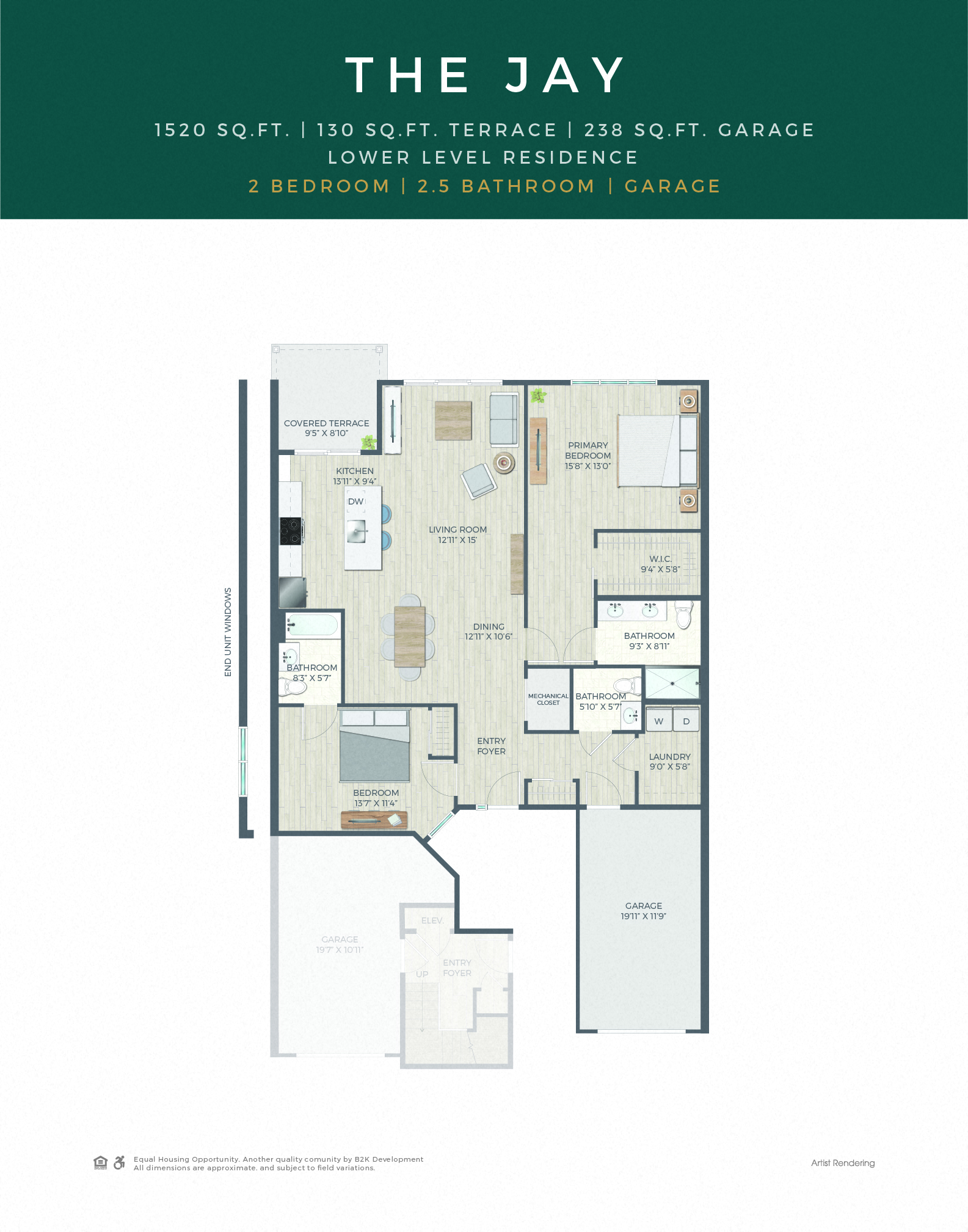 Floor plan for 2 beds, 2.5 baths, 1515 sqft